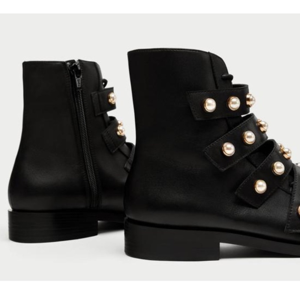 Zara Combat Faux Pearl Strap Ankle Boots - Picture 5 of 8